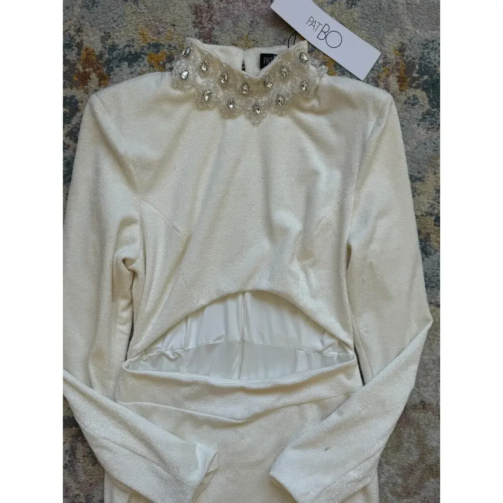 PatBO Hand Crystal Beaded High Neck Long Sleeve Mini Dress